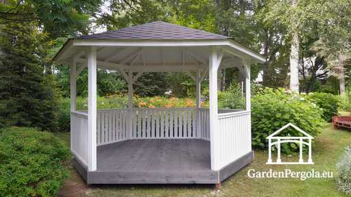 Sešstūra koka lapene — Mājīga dārza lapene ar grīdu un pārklātu jumtu - garden gazebo pergola