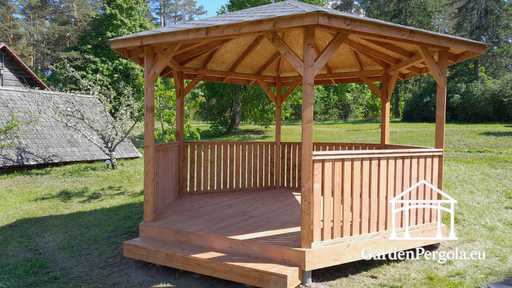 Sešstūra koka lapene — mājīga dārza lapene ar grīdu un pārklātu jumtu - garden gazebo pergola