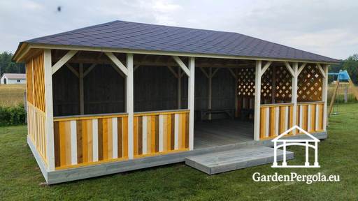 4x8 m koka bērnudārza lapene — plaša āra lapene ar grīdu, pārklāta ar jumtu - garden gazebo pergola