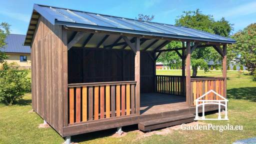 4x6 m brūna koka lapene — plaša dārza lapene ar grīdu un metāla divslīpju jumtu - garden gazebo pergola