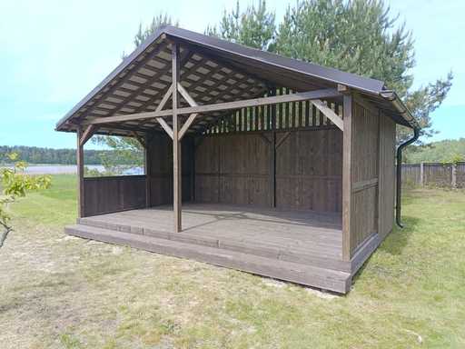 4x6 m Koka Lapene — plaša dārza lapene ar grīdu un divslīpju jumtu - garden gazebo pergola