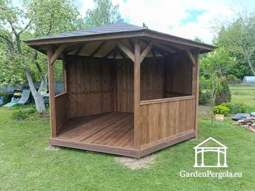 Sešstūra koka lapene — mājīga dārza lapene ar grīdu un pārklātu jumtu - garden gazebo pergola