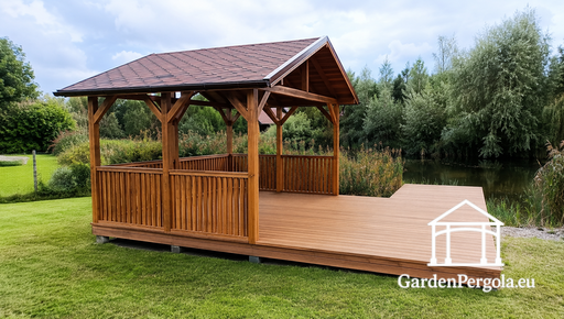 3x4 m koka lapene ar 3x4 m terasi — mājīga dārza lapene ar grīdu un atvērtu terasi - garden gazebo pergola