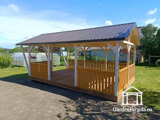 4x7 m Pielāgota Koka Lapene — Plaša Dārza Lapene ar Grīdu un Divslīpju Jumtu - garden gazebo pergola