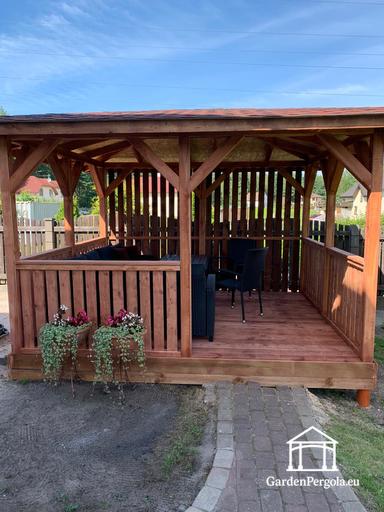 3x3.5 m brūna koka lapene — mājīga dārza lapene ar grīdu un dekoratīvām režģa sienām - garden gazebo pergola