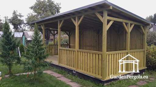 4x7 m dabīgā koka lapene — plaša dārza lapene ar grīdu, margām un vienslīpju jumtu - garden gazebo pergola