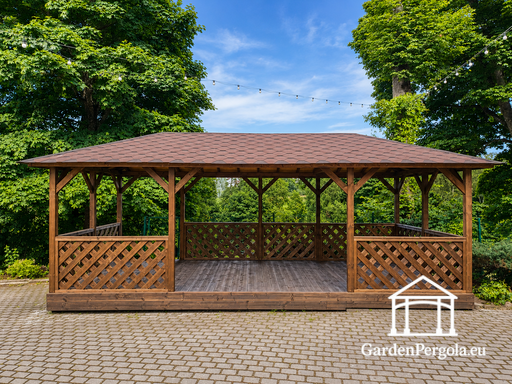 4x7 m brūna koka lapene — plaša dārza lapene ar grīdu, režģa margām un šindeļu jumtu - garden gazebo pergola