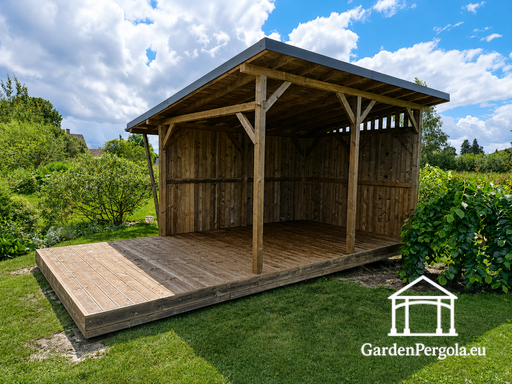 3x6 m dabīgā koka dārza lapene ar  daļēji pārklājošu 3x4 m jumtu - garden gazebo pergola