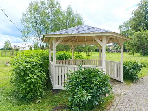 Sešstūra koka lapene — mājīga dārza lapene ar grīdu un jumtu - garden gazebo pergola