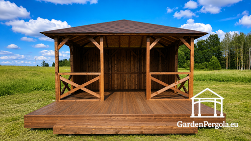 4x4.5 m Koka Dārza Lapene ar 2x4.5 m Atvērtu Terasi - garden gazebo pergola